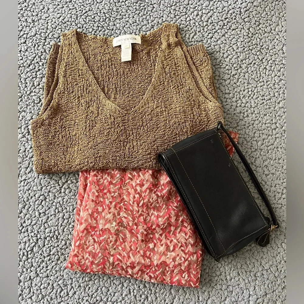 Styled Le Suit Skirt, Jones Sweater Tank, Coach Wristlet, Amrita Singh Earrings